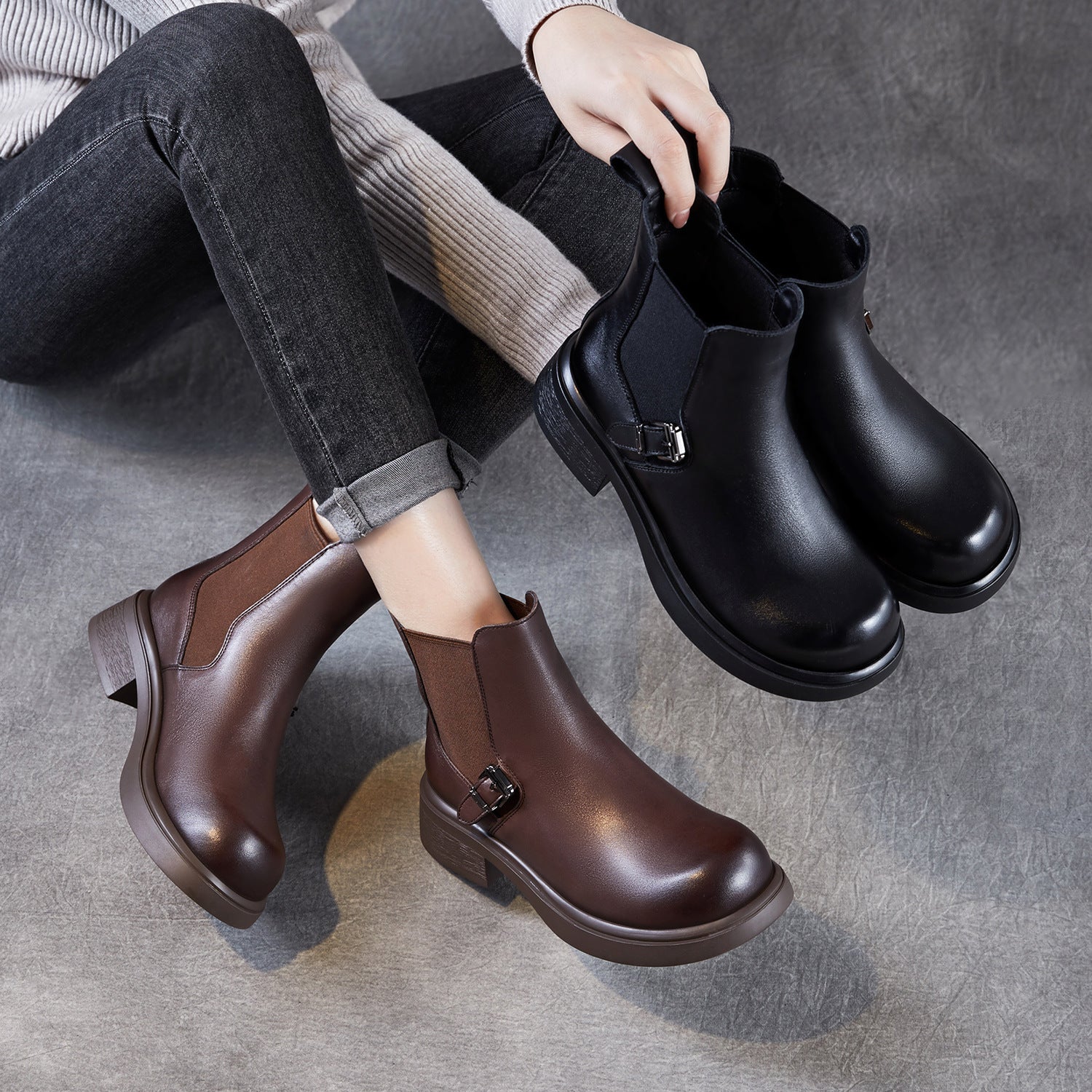Women's Minimalist Plain Leather Slip-on Ankle Boots-RAIIFY