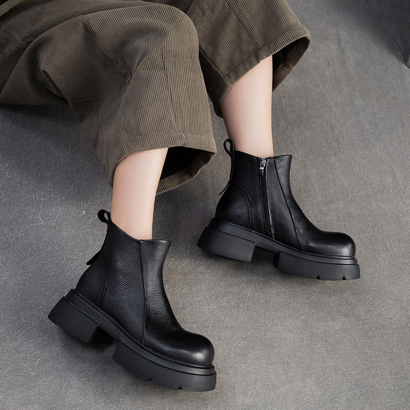 Women's Minimalist Plain Leather Platform Ankle Boots-RAIIFY