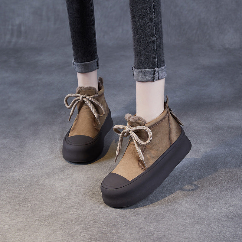 Women Retro Leather Winter Furred Ankle Boots-RAIIFY