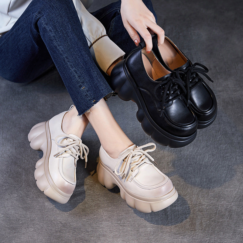 Women Plain Leather Minimalism Chuanky Platform Casual Shoes-RAIIFY
