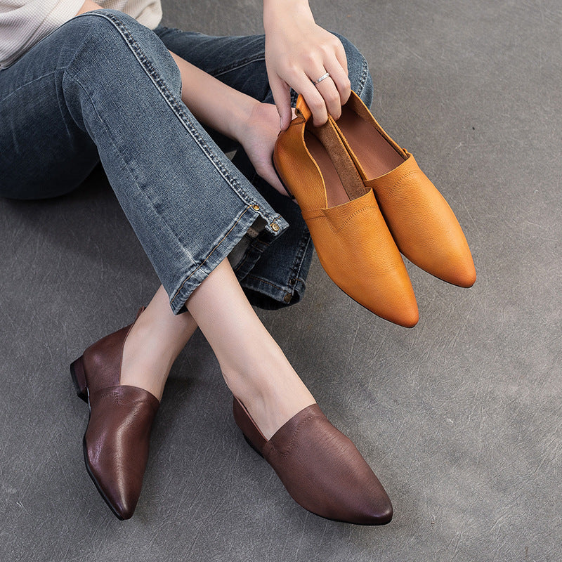 Women Retro Minimalism Soft Leather Pointed Toe Shoes-RAIIFY