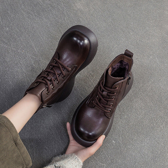 Women's Retro Plain Leather Platform Ankle Snow Boots-RAIIFY