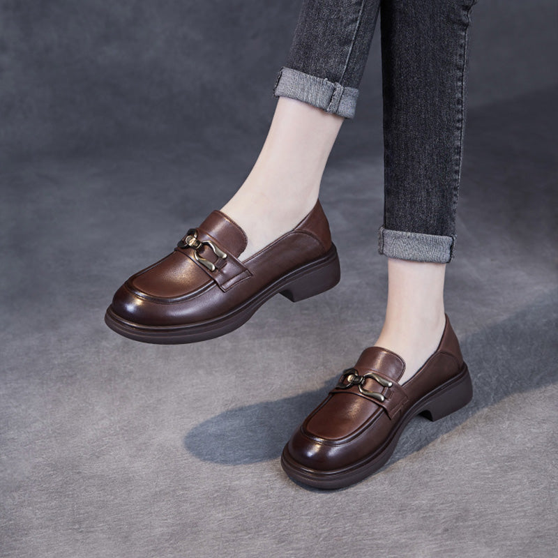 Women Retro Solid Soft Leather Casual Loafers-RAIIFY