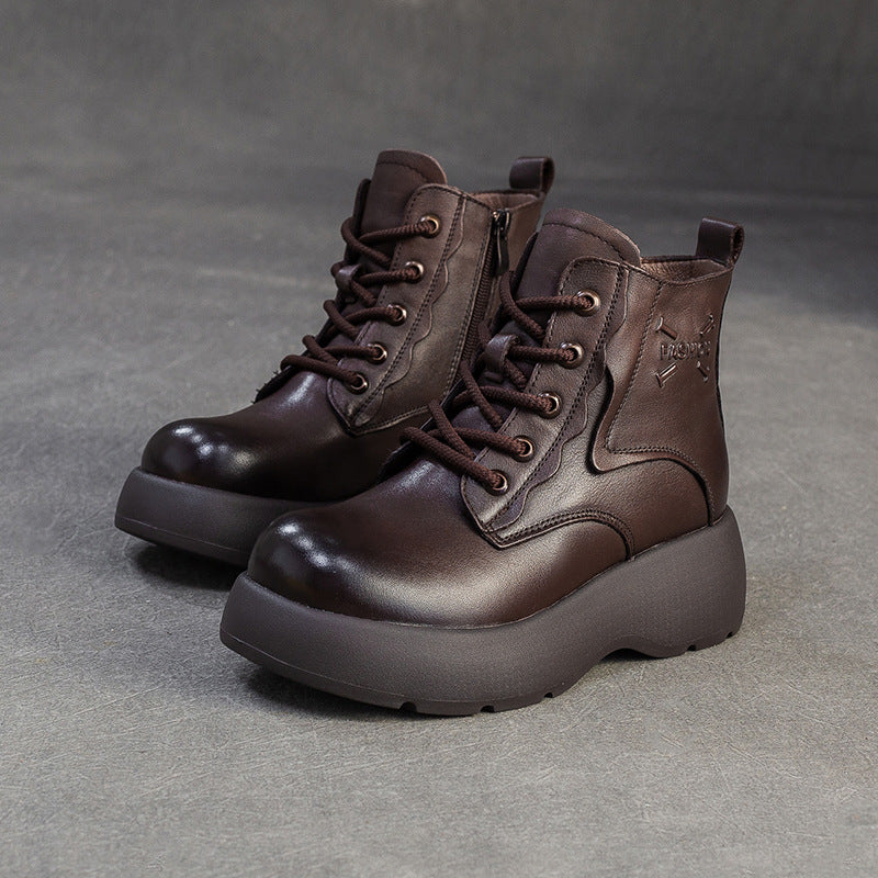 Women's Retro Plain Leather Platform Ankle Snow Boots-RAIIFY