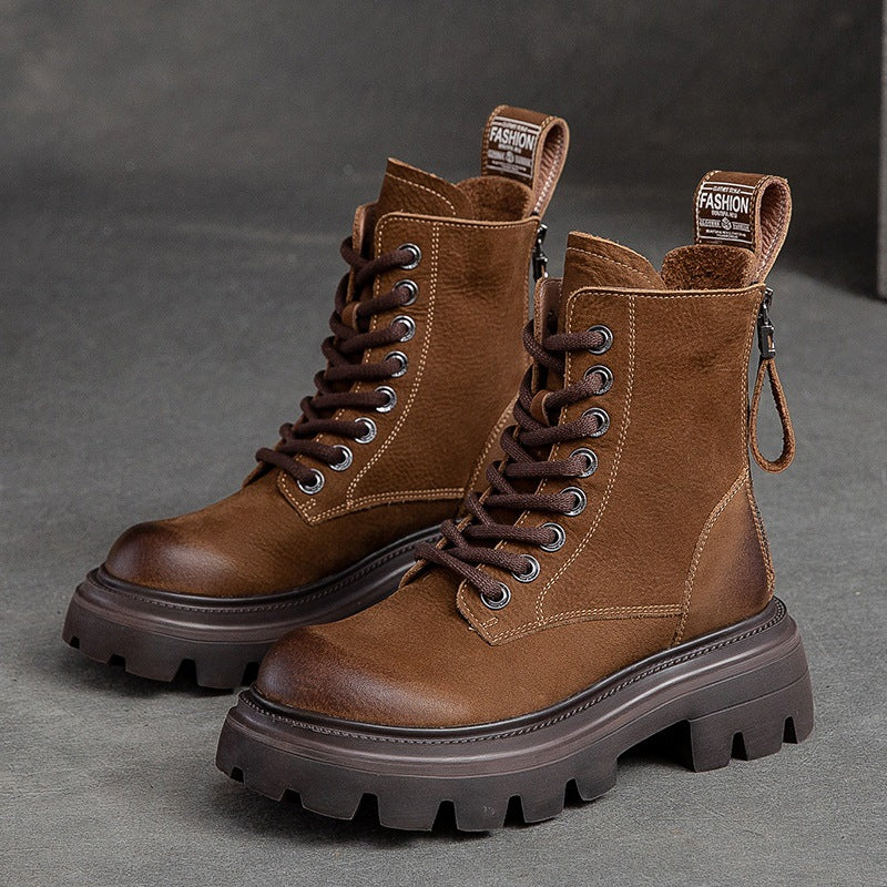 Women Fashion Solid Leather Motorcycle Riding Boots-RAIIFY