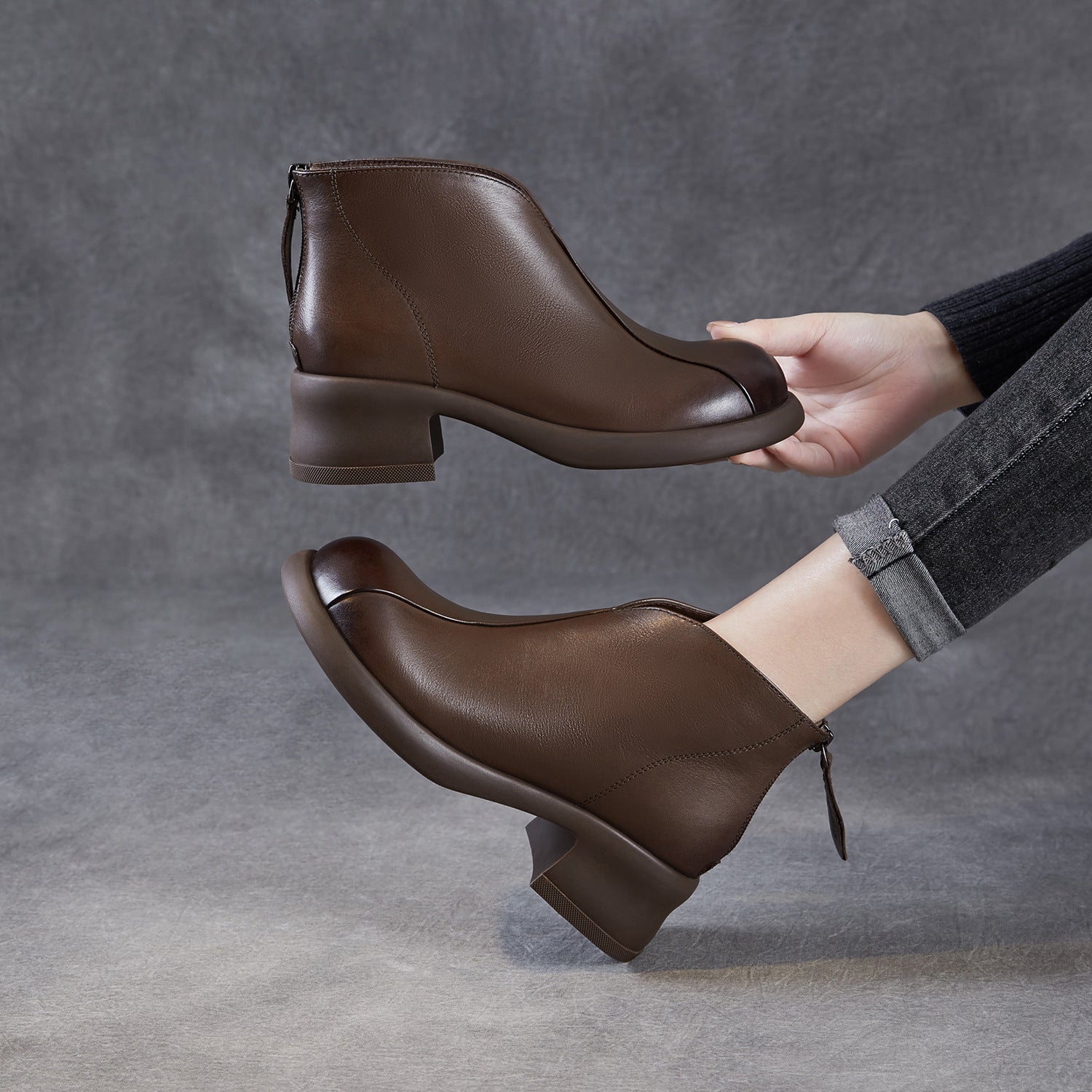 Women's Retro Plain Leather Low Block Ankle Boots-RAIIFY