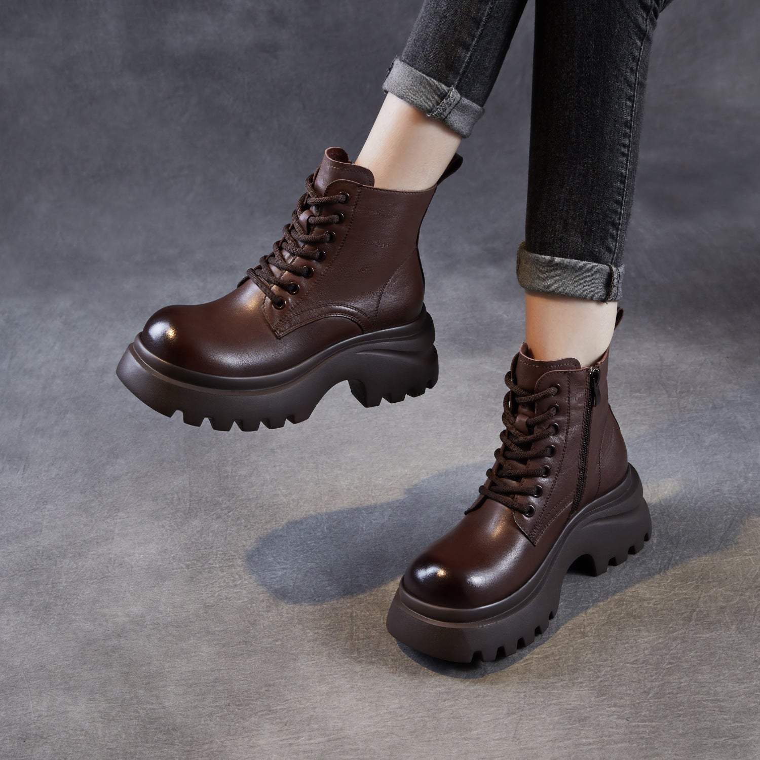 Women's Retro Plain Leather Chunky Platform Boots-RAIIFY