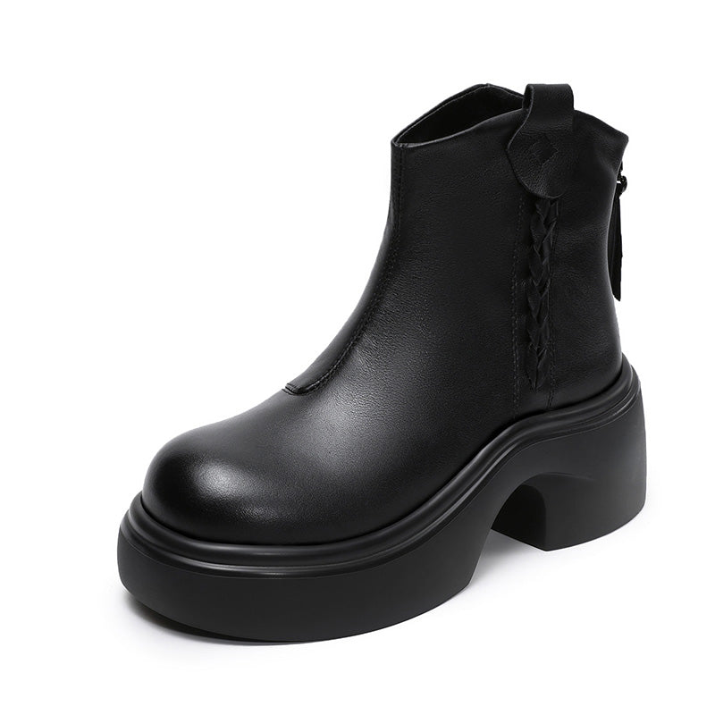 Women's Retro Plain Leather Platform Snow Boots-RAIIFY