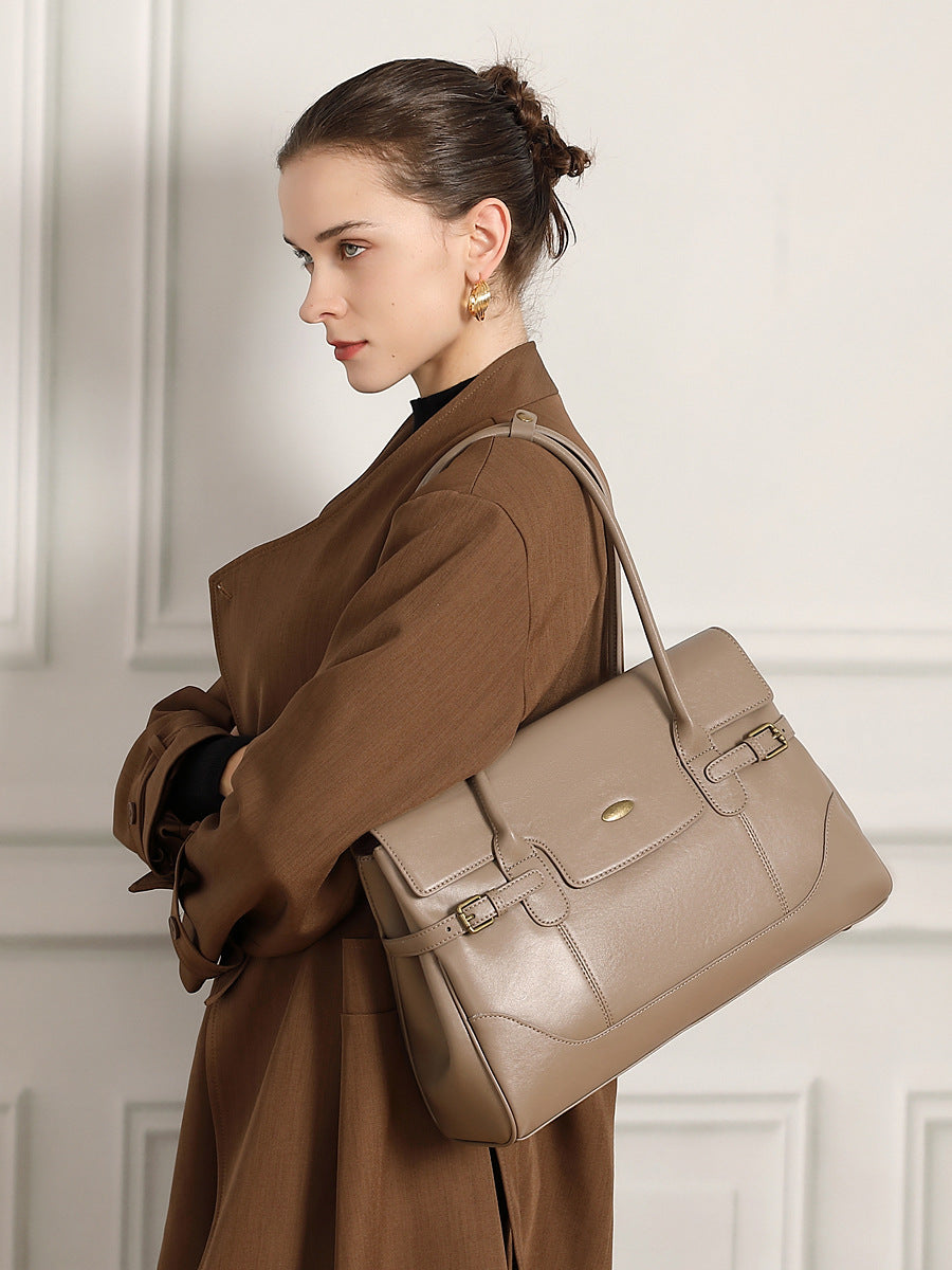 Women’s Minimalist Plain Leather Shoulder Tote Bag-RAIIFY