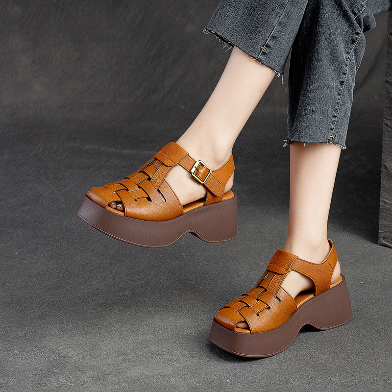 Women Summer Handmade Plaited Leather Platform Sandals-RAIIFY