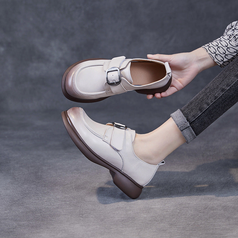 Women Minimalism Solid Leather Buckle Casual Loafers-RAIIFY