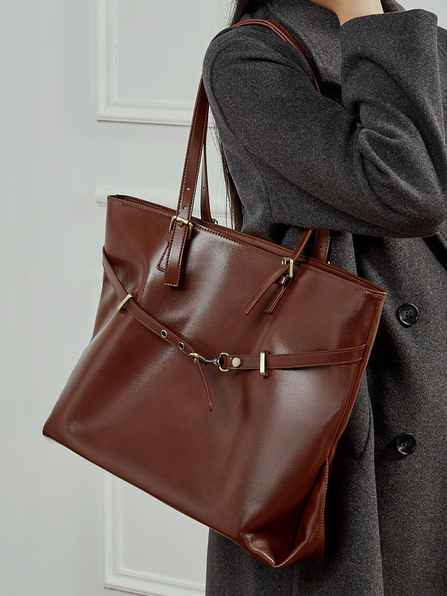 Women's Retro Plain Leather Shoulder Tote Bag-RAIIFY