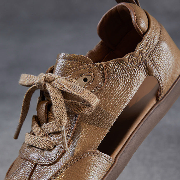 Women's Genuine Leather Retro Soft Sole Lace Up Sandals-RAIIFY
