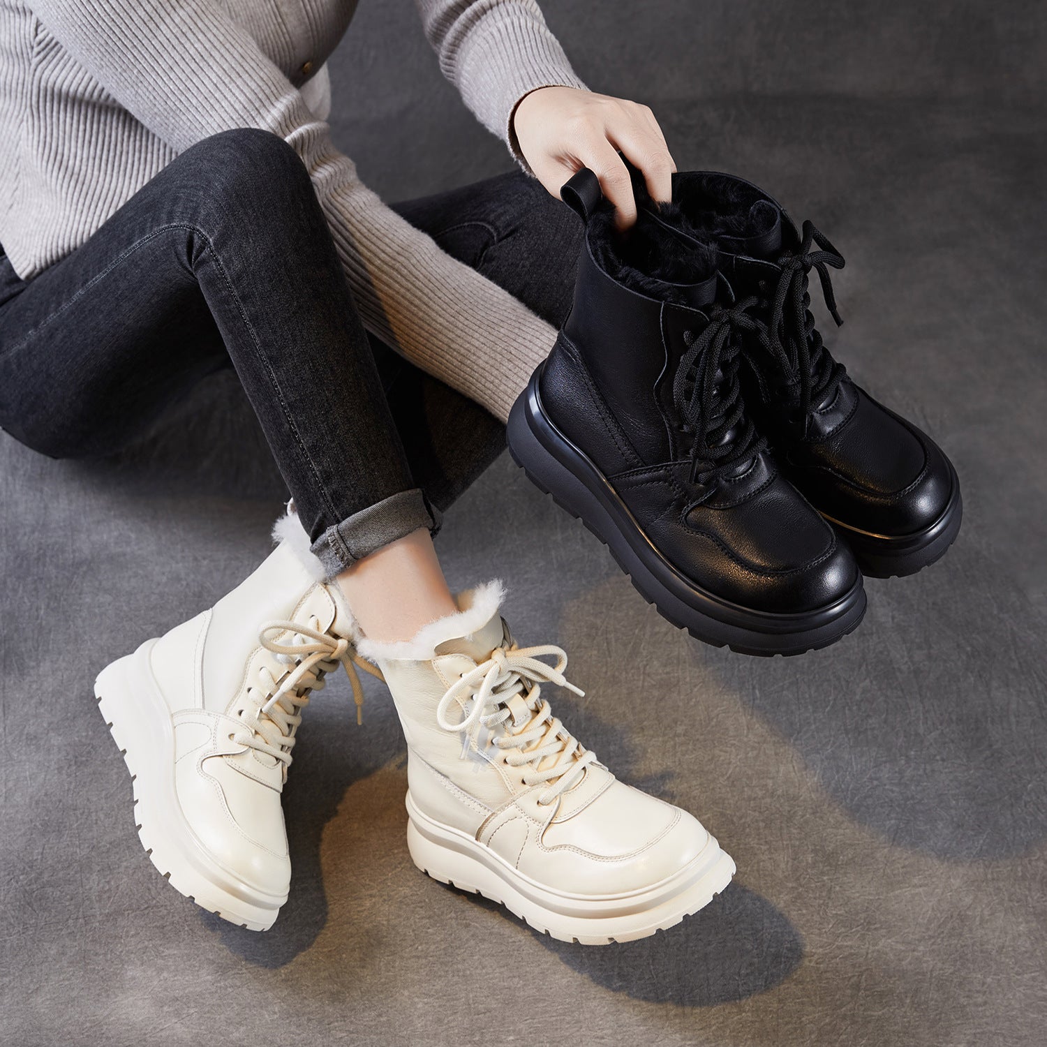 Women's Minimalist Leather Lace-up Snow Boots-RAIIFY