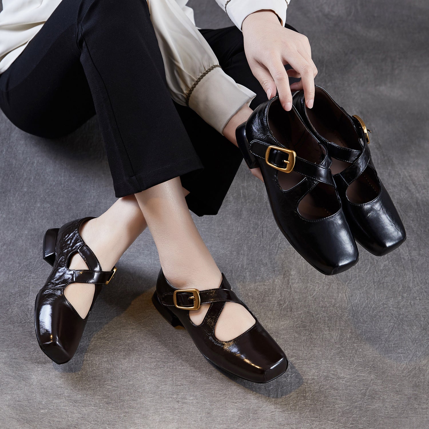 Women Genuine Leather Square Toe Low Heel Mary Jane Shoes-RAIIFY