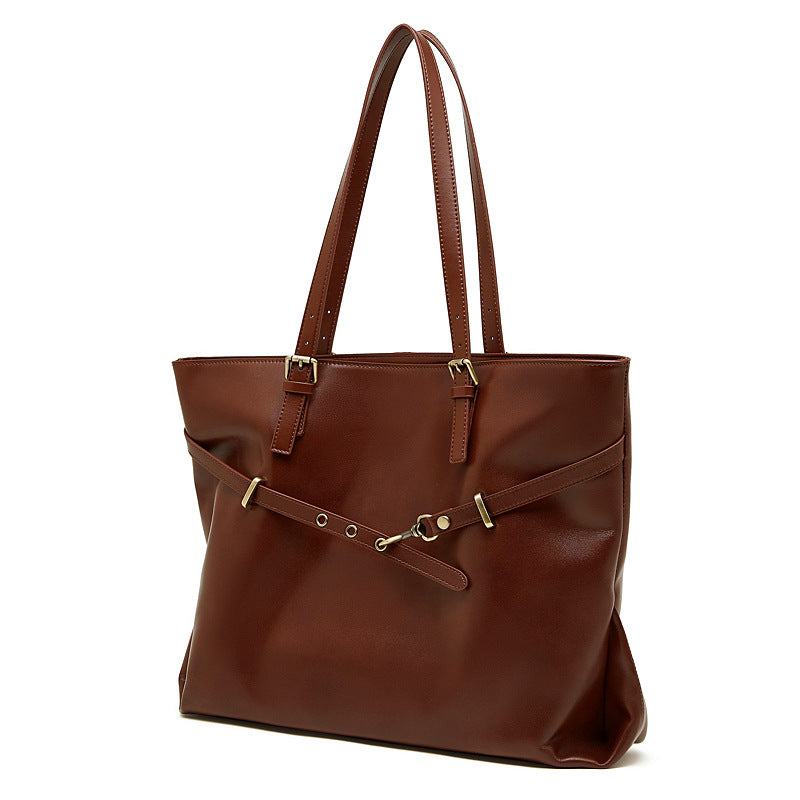 Women's Retro Plain Leather Shoulder Tote Bag-RAIIFY