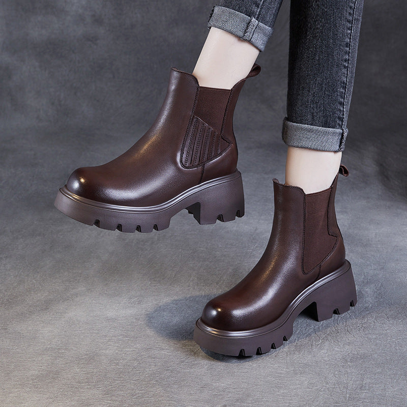 Women Vintage Solid Leather Platform Casual Boots-RAIIFY