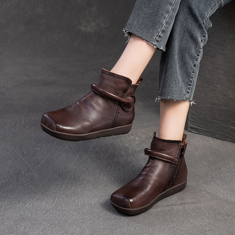 Women Vintage Leather Flat Ankle Boots-RAIIFY