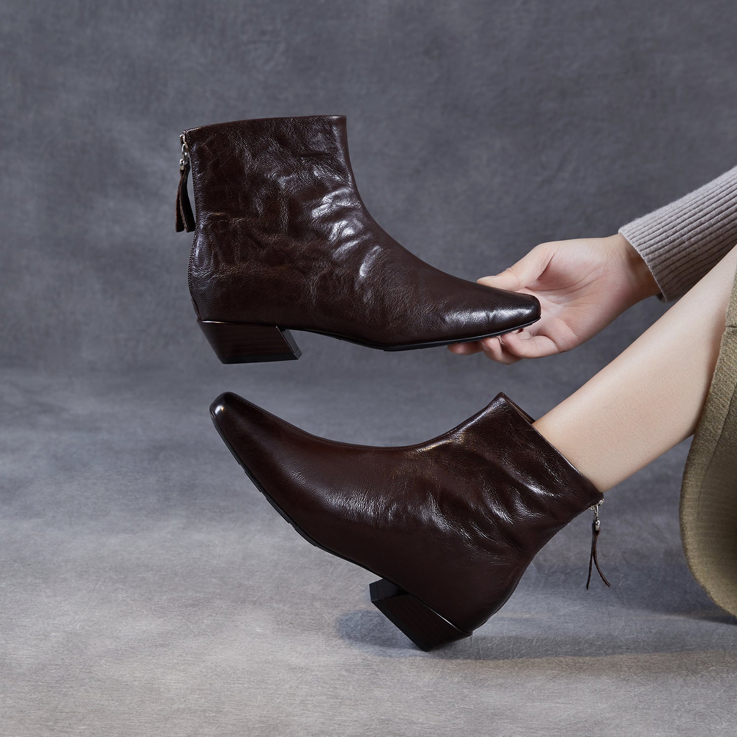 Women's Vintage Plain Leather Low Block Furred Ankle Boots-RAIIFY