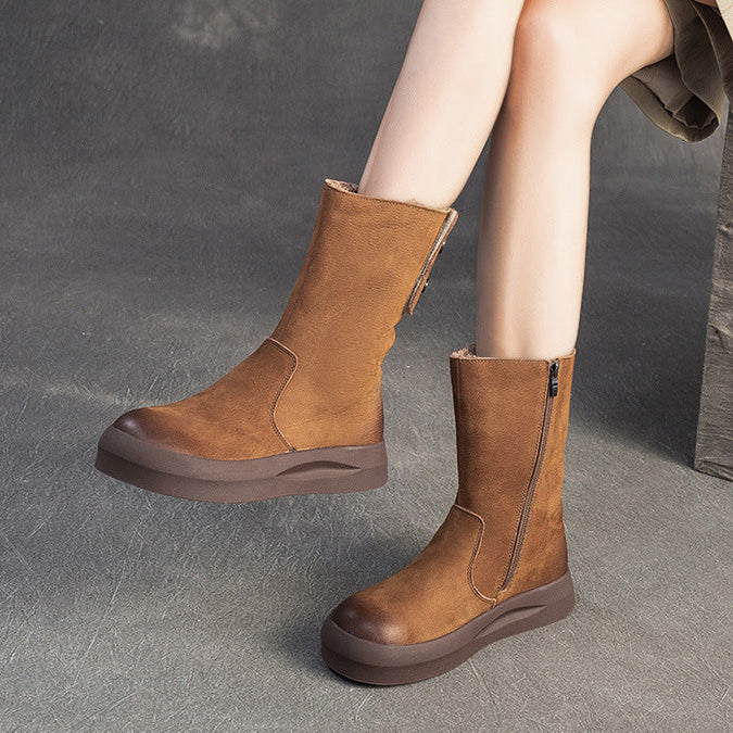 Botas de media caña de piel retro para mujer con forro polar
