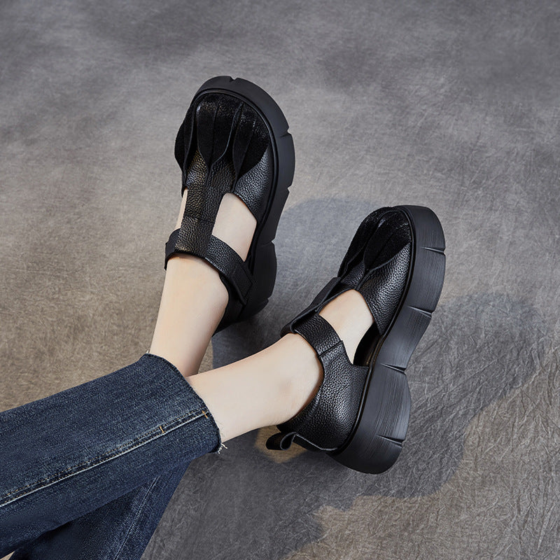 Women Retro Plain Leather Platform Velcro Tape Sandals-RAIIFY