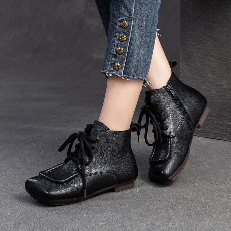 Women Solid Leather Work Soft Flat Ankle Boots-RAIIFY