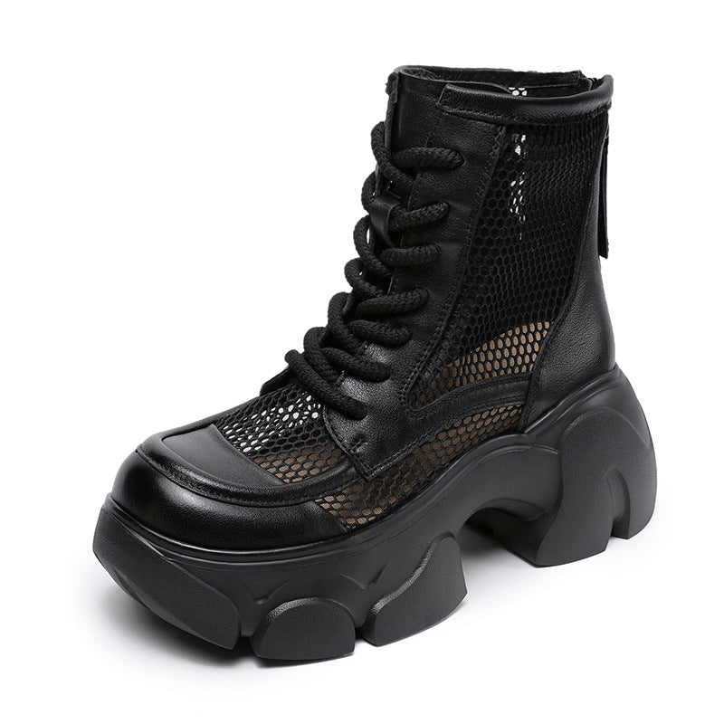 Women Casual Plain Hollow Mesh Leather Platform Boots-RAIIFY