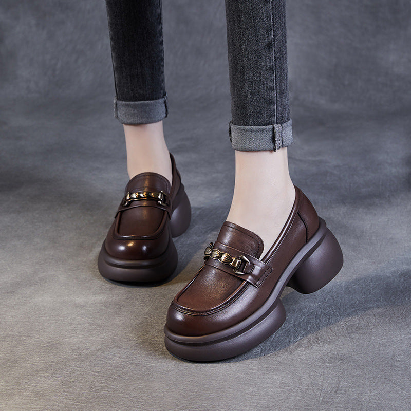 Women Retro Chain Leather Chunky Platform Loafers-RAIIFY