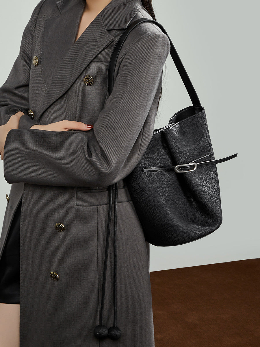 Women's Retro Plain Leather Bucket Bag-RAIIFY