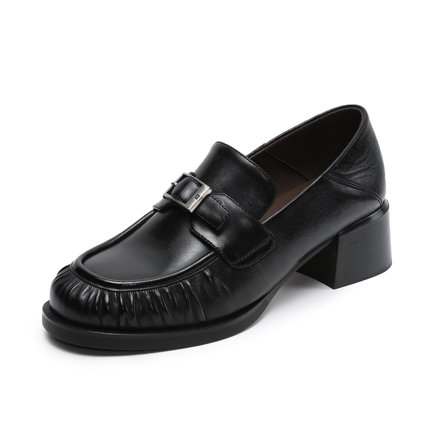 Women's Vintage Pleated Leather Chunky Heel Loafers-RAIIFY
