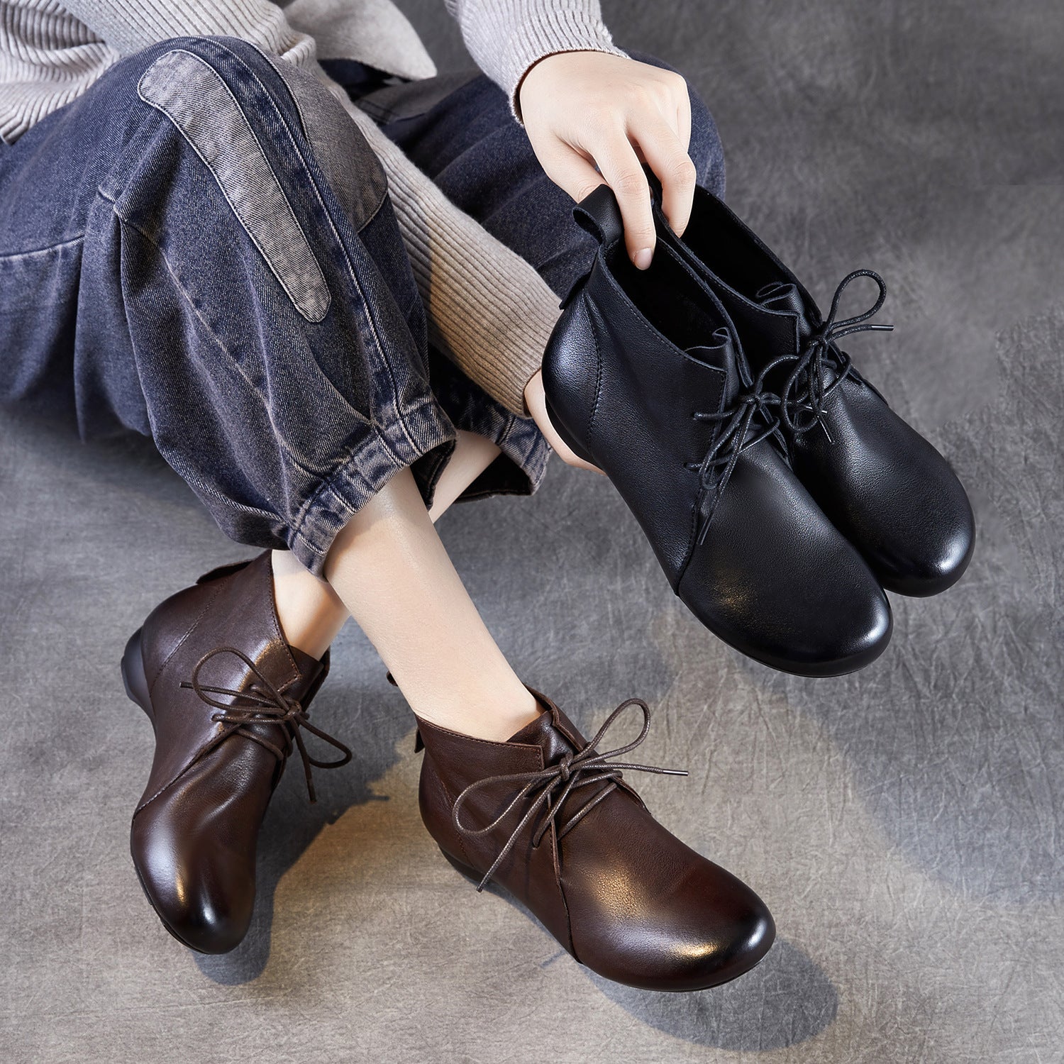 Women's Plain Leather Lace-up Casual Ankle Boots-RAIIFY