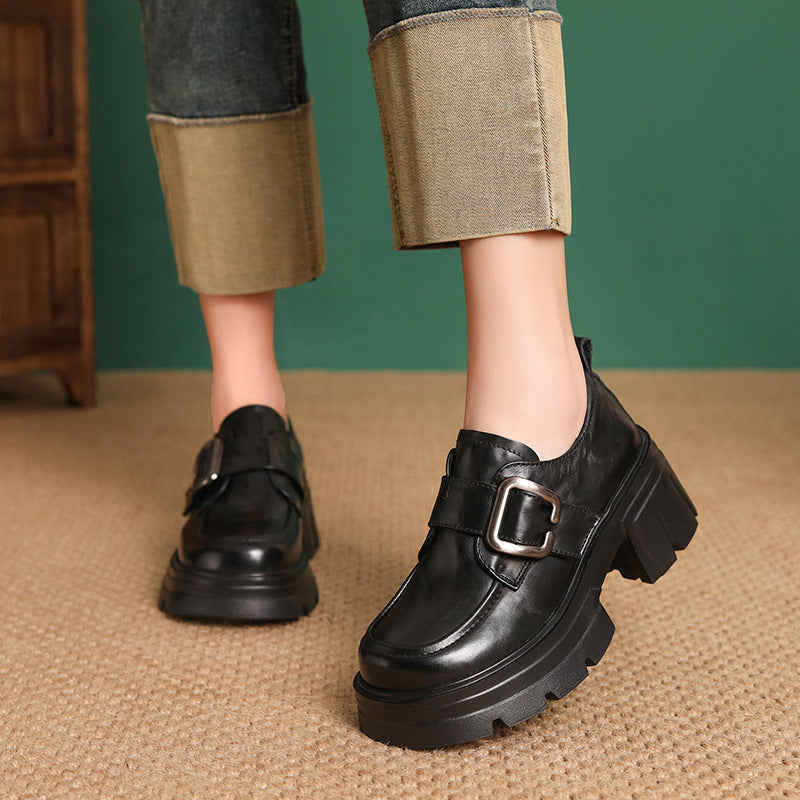 Women Vintage Plain Leather Buckle Chunky Heel Loafers-RAIIFY