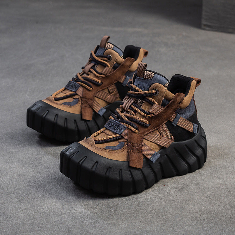 Women Color Matching Leather High-Top Platform Casual Shoes-RAIIFY