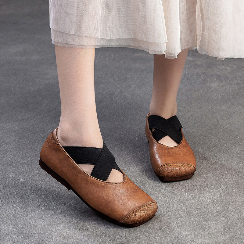 Women Retro Cross Strap Leather Casual Flats-RAIIFY