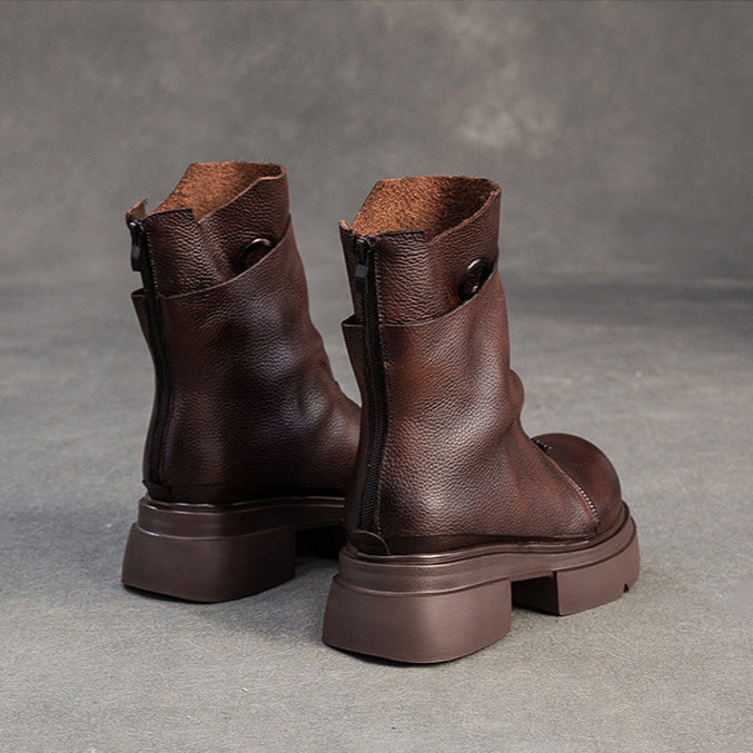 Women's Minimalist Leather Retro Casual Motorcycle Boots-RAIIFY