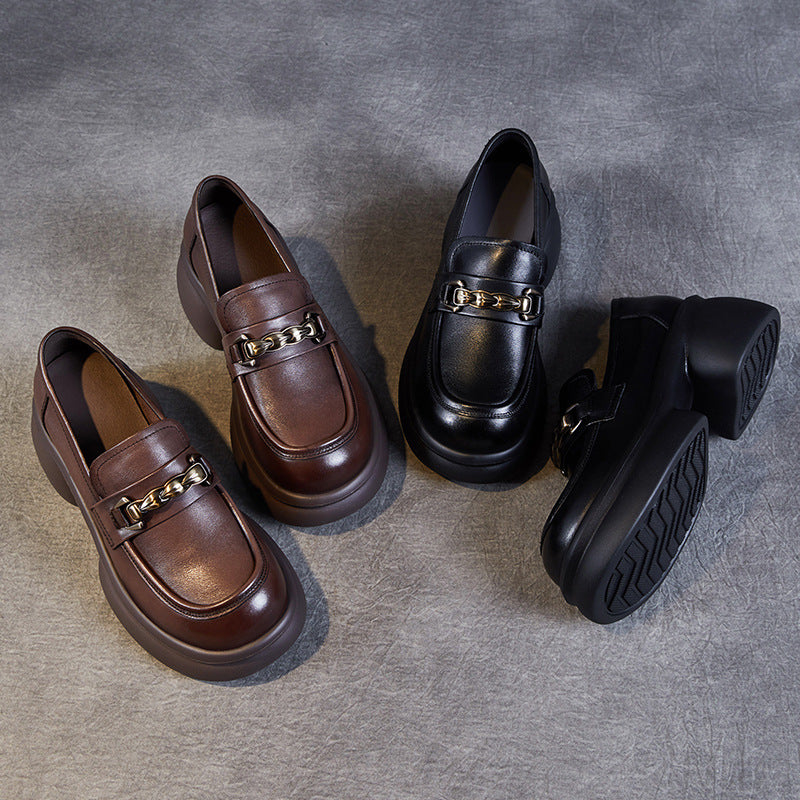Women Retro Chain Leather Chunky Platform Loafers-RAIIFY