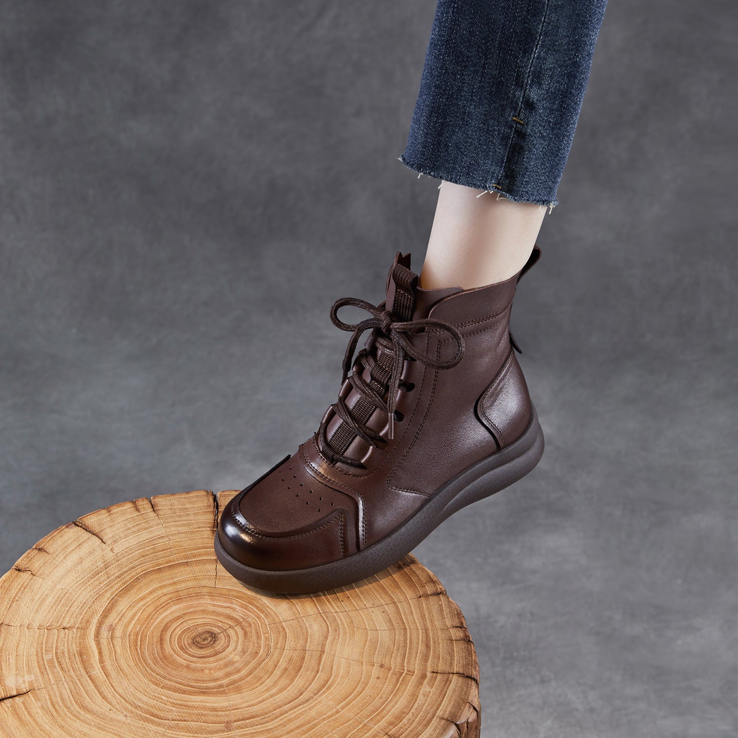 Women's Vintage Breathable Leather Flat Ankle Boots-RAIIFY