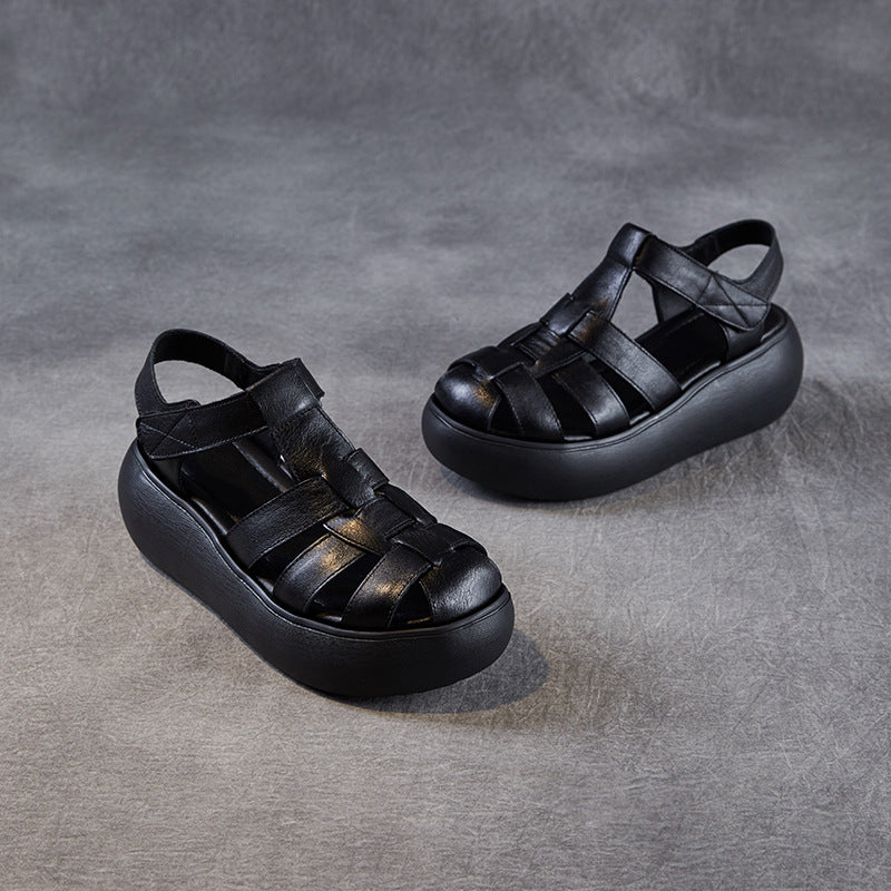 Women's Retro Plain Leather Casual Platform Sandals-RAIIFY