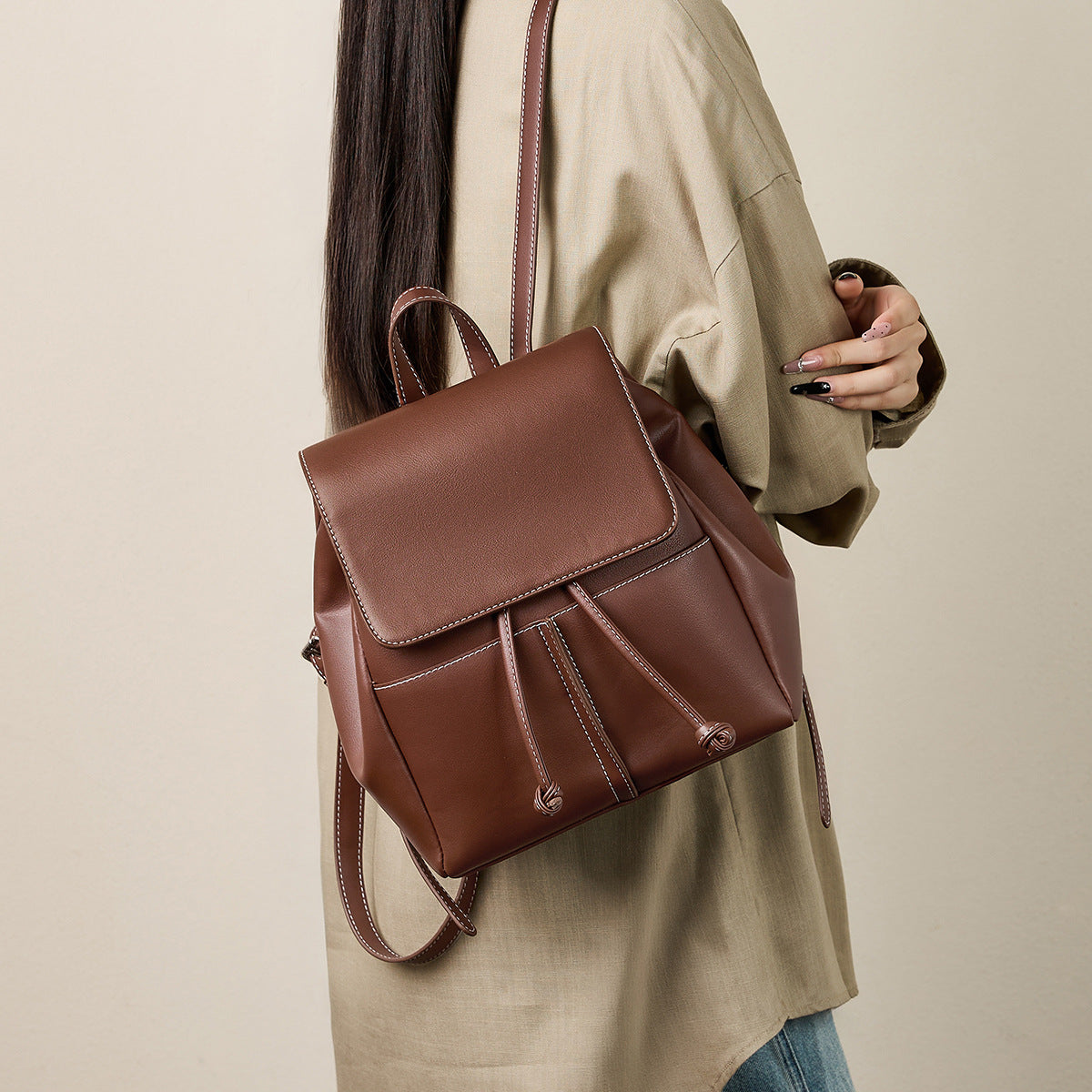 Women's Fashion Plain Leather Casual Backpack-RAIIFY