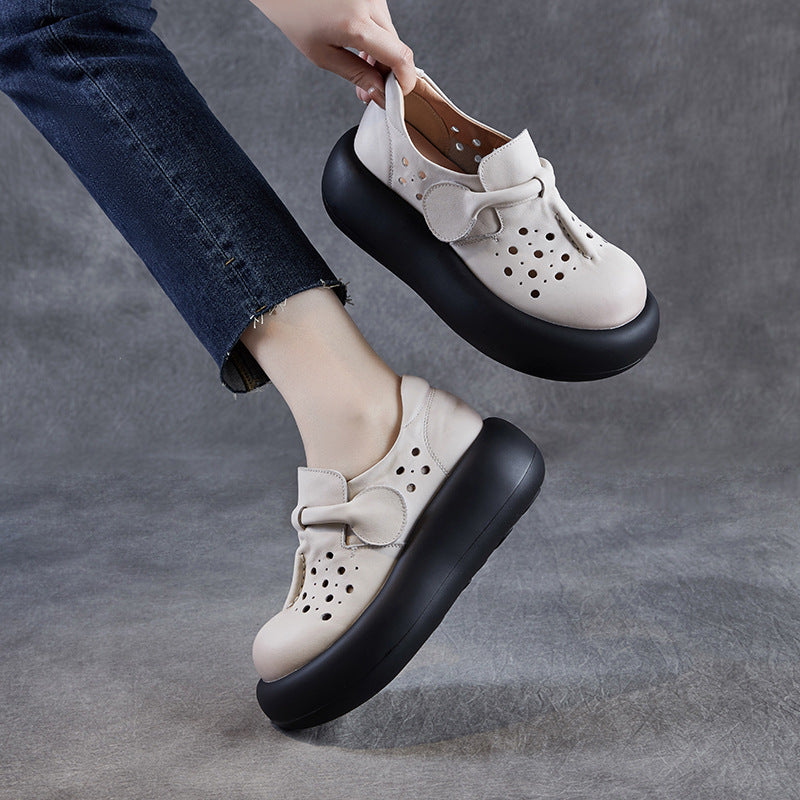 Women Retro Hollow Plain Leather Platform Casual Shoes-RAIIFY