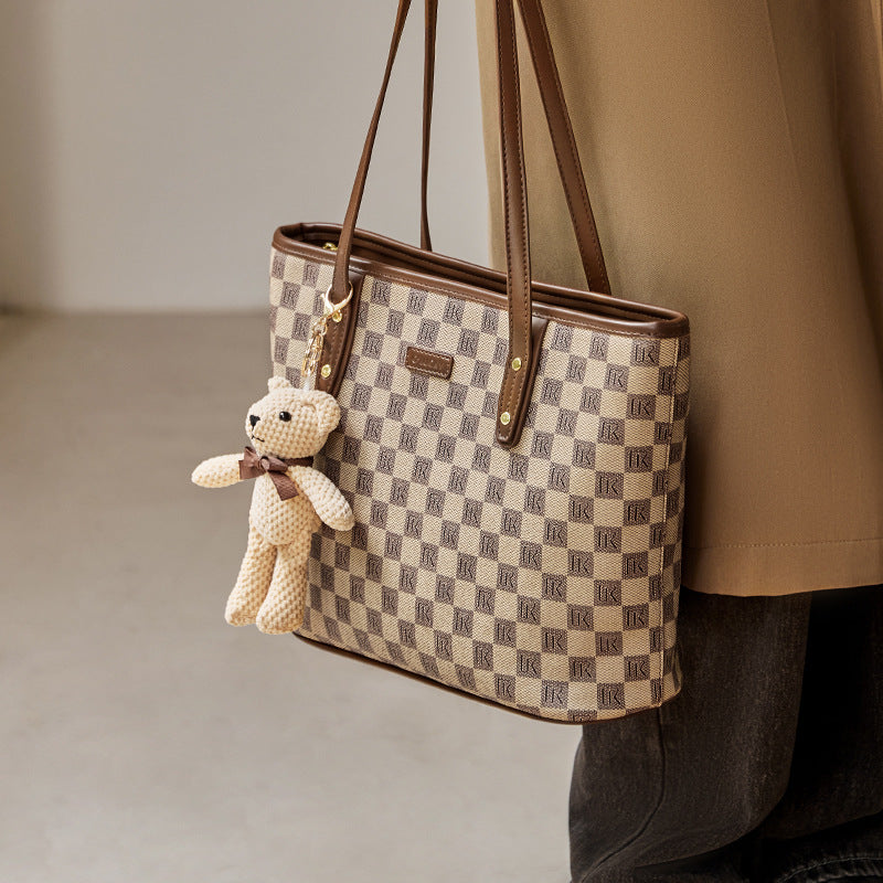 Women's Stylish Checkered Tote Bag with Bear Charm-RAIIFY