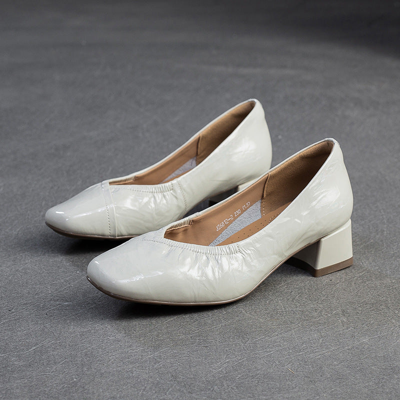 Women's Plain Leather Low Top Chunky Heel Pumps-RAIIFY