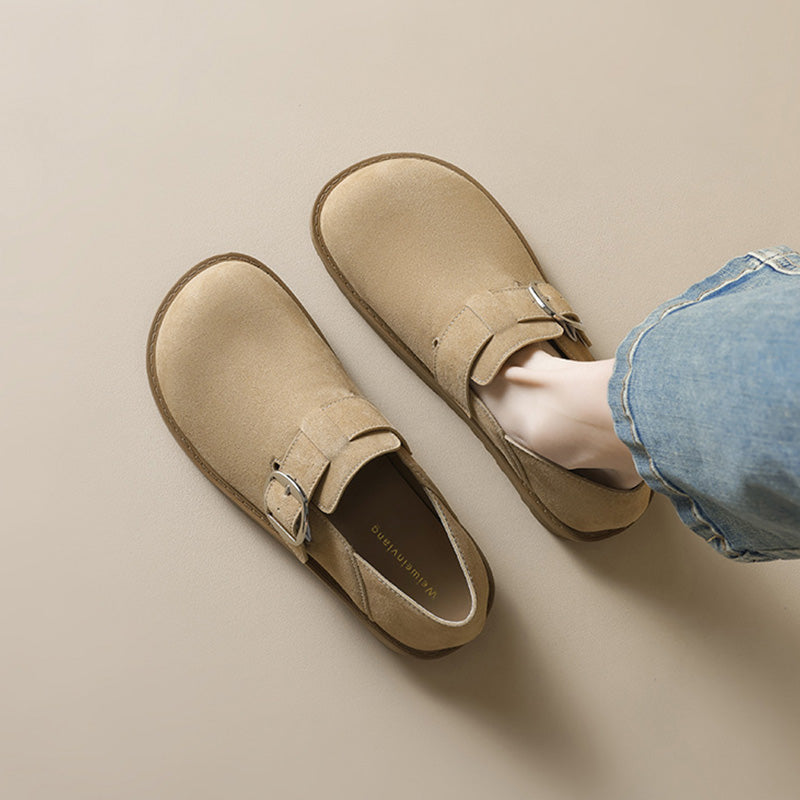 Women's Retro Leather Buckle Casual Flat Shoes-RAIIFY