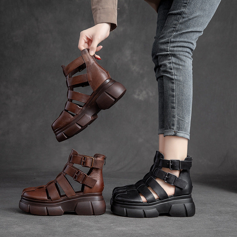 Women's Retro Plaited Leather Platform Bootie Sandals-RAIIFY