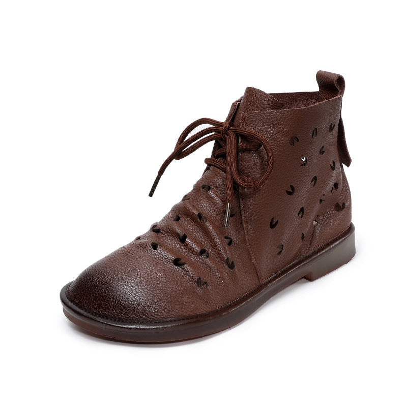 Women Soft Plain Hollow Leather Casual Flat Ankle Boots-RAIIFY