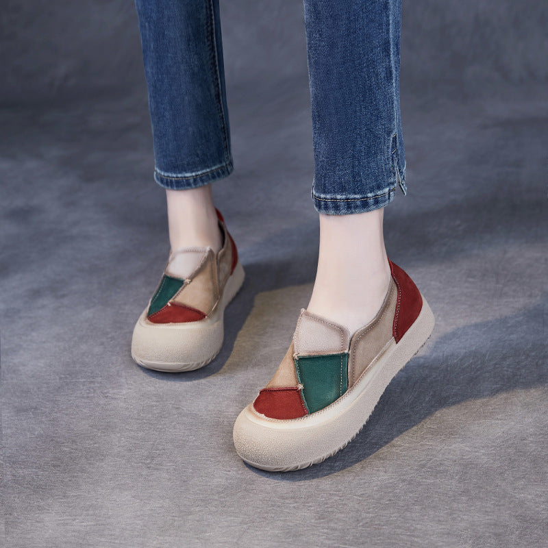 Women Vintage Color Matching Patchwork Leather Casual Shoes-RAIIFY