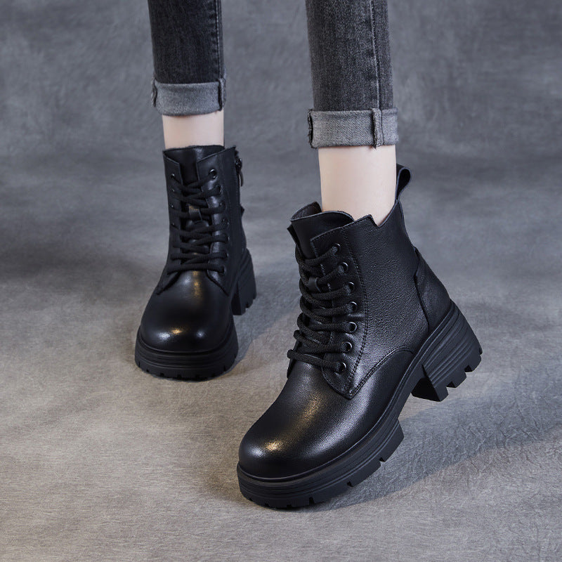 Women Retro Solid Leather Chunky Heel Boots-RAIIFY