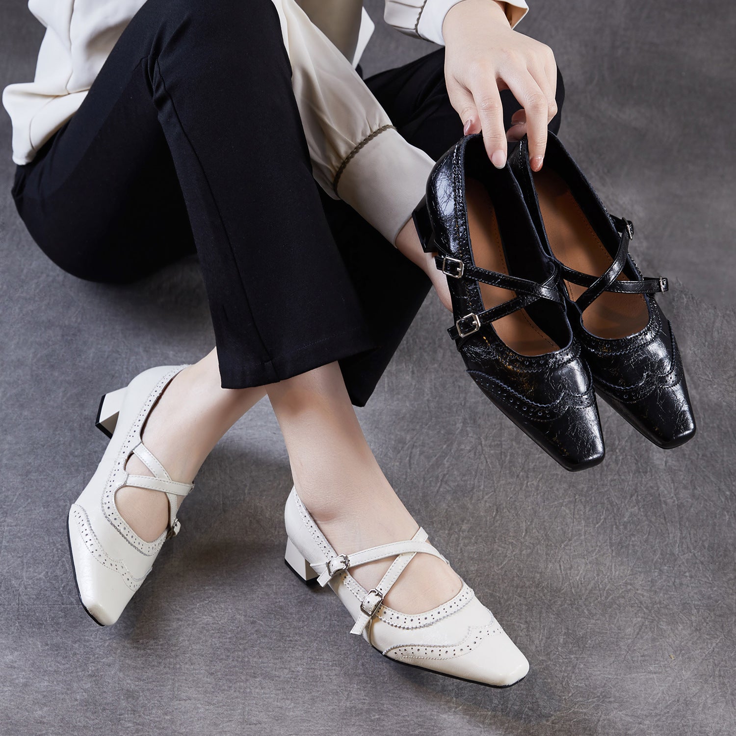 Women's French Style Top Grain Cowhide Square Toe Mary Jane Pumps-RAIIFY