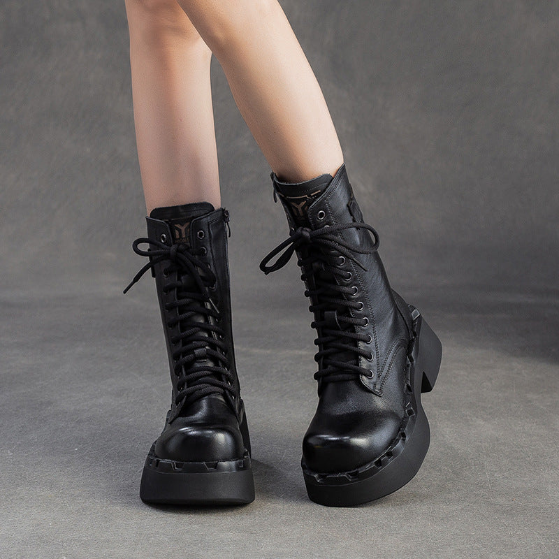 Women's Plain Leather Comfort Platform Riding Boots-RAIIFY