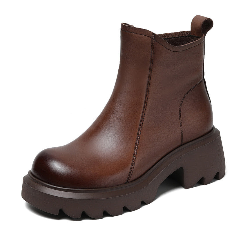 Women Retro Minimalist Leather Lug Soled Boots-RAIIFY